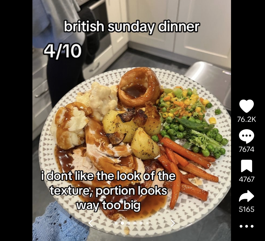 British Sunday dinner on a plate in a TikTok video
